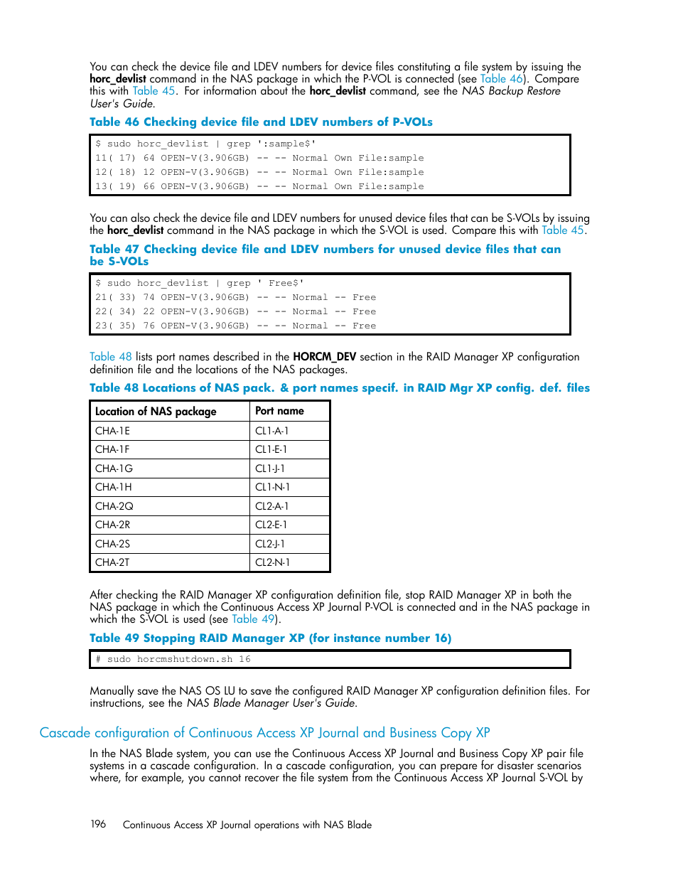 Checking device file and ldev numbers of p-vols, Stopping raid manager xp (for instance number 16) | HP XP Continuous Access Software User Manual | Page 196 / 234