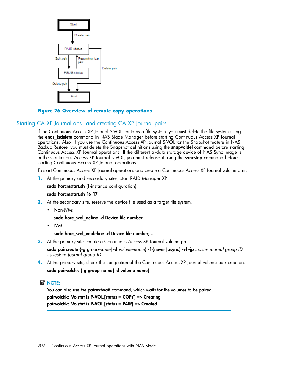 Overview of remote copy operations, Starting continuous access xp journal operations, And creating continuous access xp journal pairs | Figure 76 | HP XP Continuous Access Software User Manual | Page 202 / 234