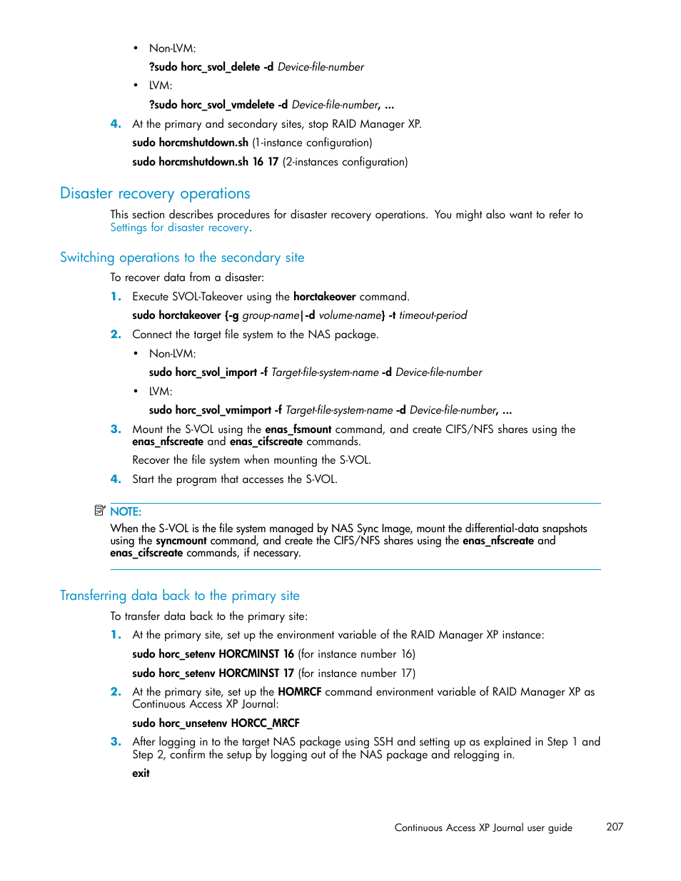 Disaster recovery operations, Switching operations to the secondary site, Transferring data back to the primary site | HP XP Continuous Access Software User Manual | Page 207 / 234