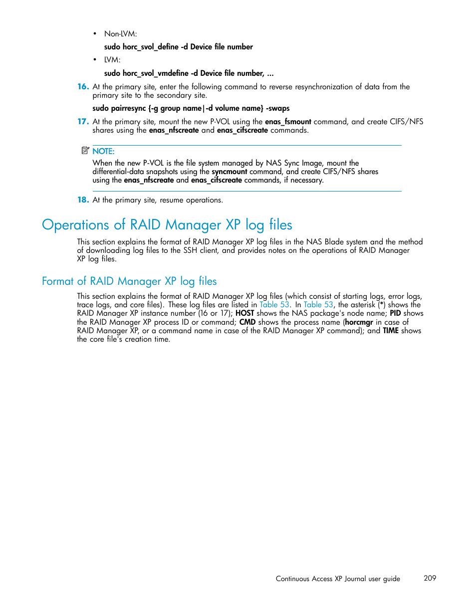 Operations of raid manager xp log files, Format of raid manager xp log files | HP XP Continuous Access Software User Manual | Page 209 / 234