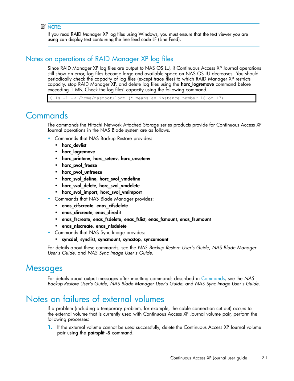 Notes on operations of raid manager xp log files, Commands, Messages | Notes on failures of external volumes | HP XP Continuous Access Software User Manual | Page 211 / 234