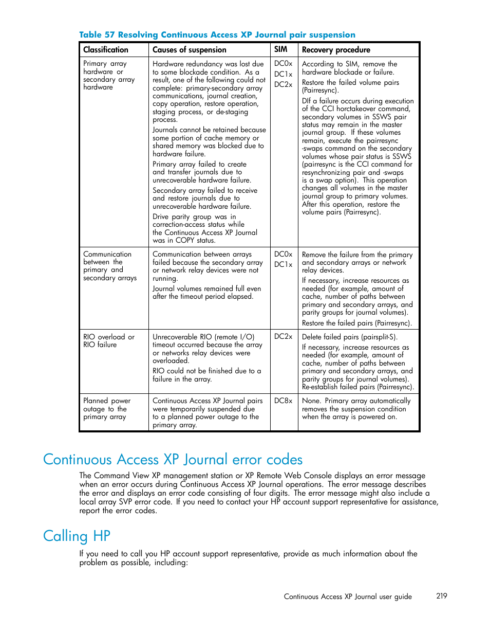 Continuous access xp journal error codes, Calling hp, Table 57 | HP XP Continuous Access Software User Manual | Page 219 / 234