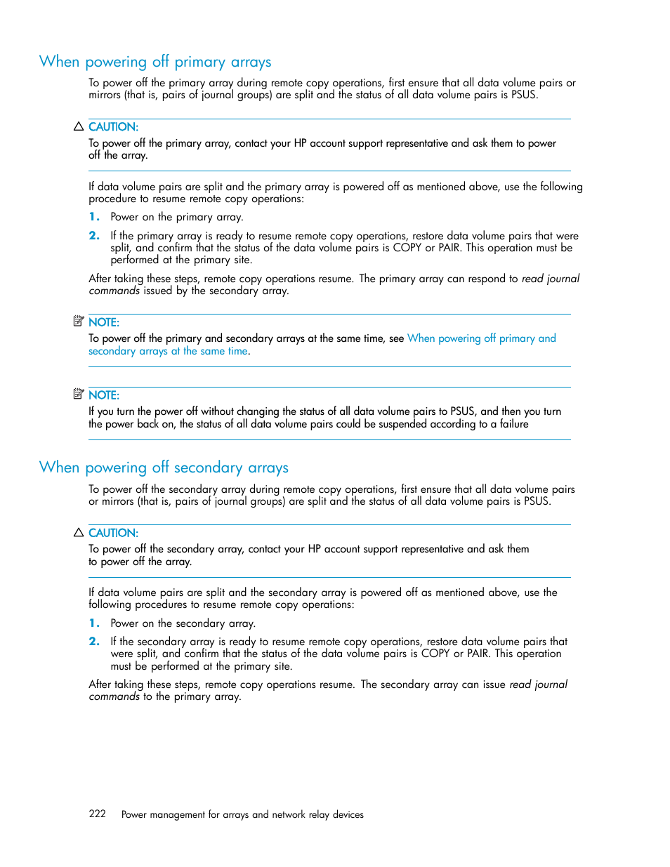 When powering off primary arrays, When powering off secondary arrays | HP XP Continuous Access Software User Manual | Page 222 / 234