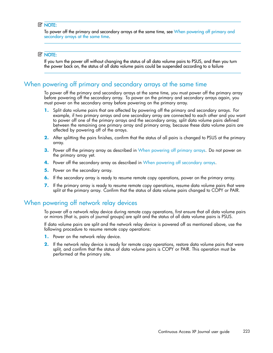 When powering off network relay devices | HP XP Continuous Access Software User Manual | Page 223 / 234