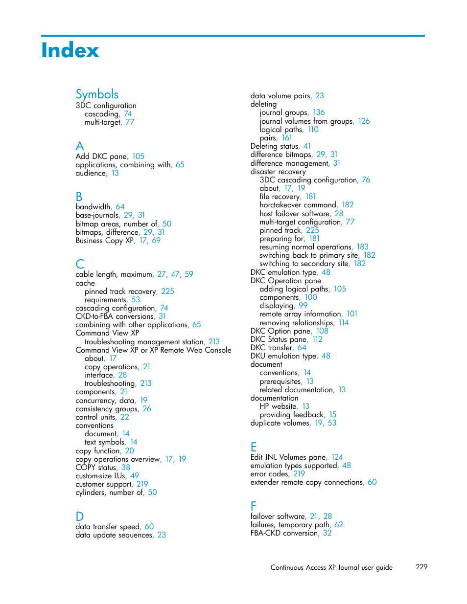 Index, Symbols | HP XP Continuous Access Software User Manual | Page 229 / 234