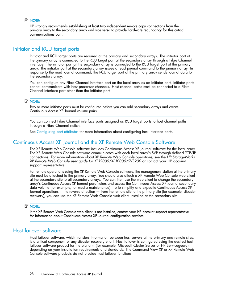 Initiator and rcu target ports, Host failover software | HP XP Continuous Access Software User Manual | Page 28 / 234