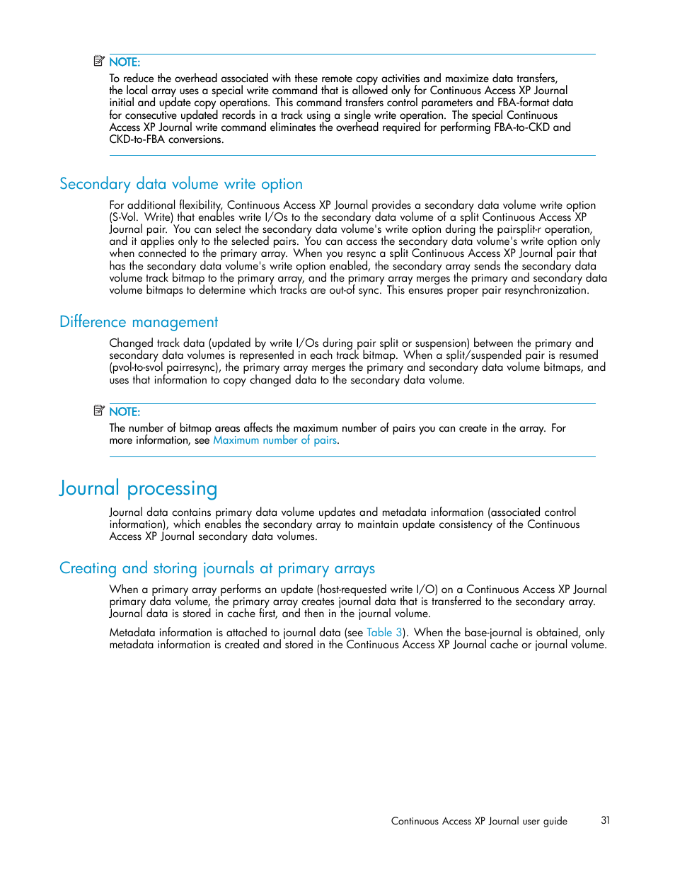 Secondary data volume write option, Difference management, Journal processing | Creating and storing journals at primary arrays, Secondary data, Volume write option | HP XP Continuous Access Software User Manual | Page 31 / 234