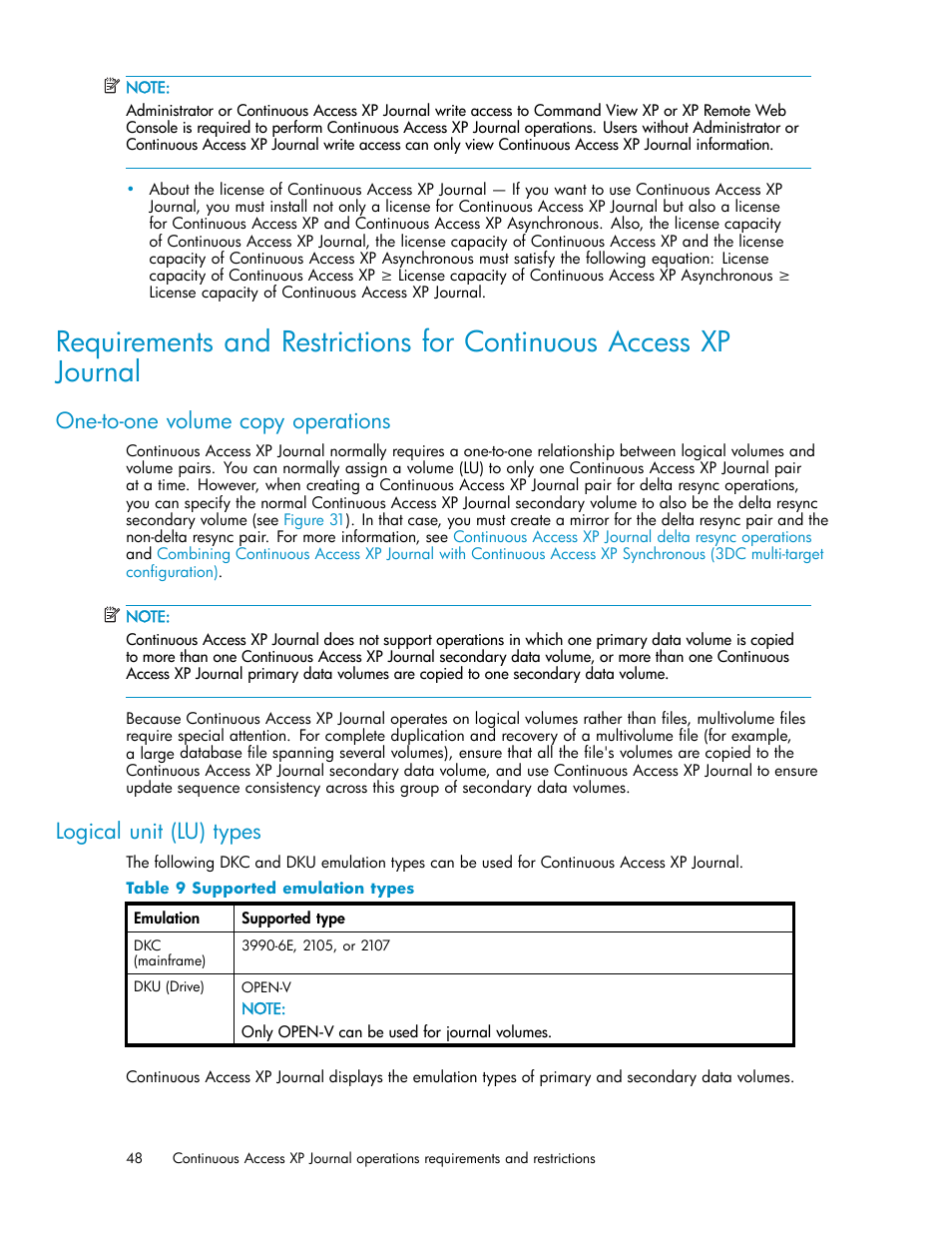 One-to-one volume copy operations, Logical unit (lu) types, Supported emulation types | HP XP Continuous Access Software User Manual | Page 48 / 234