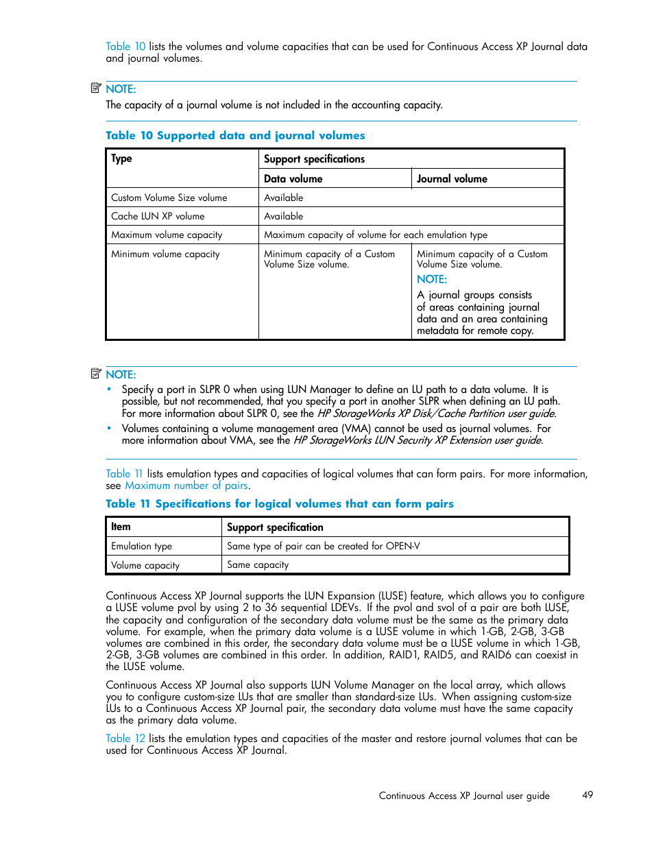 Supported data and journal volumes | HP XP Continuous Access Software User Manual | Page 49 / 234