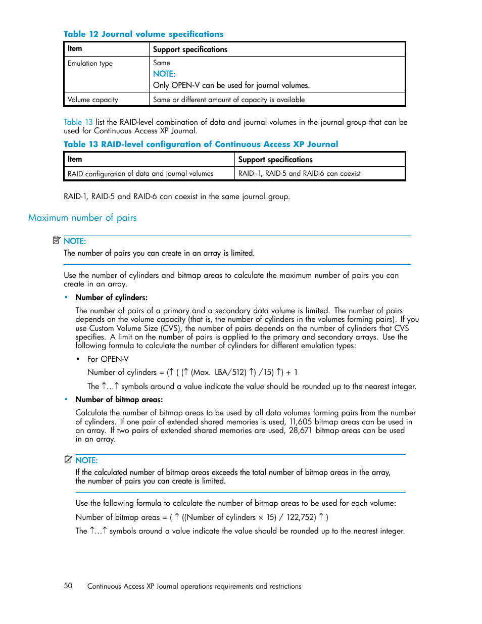 Maximum number of pairs, Journal volume specifications, Table 12 | HP XP Continuous Access Software User Manual | Page 50 / 234