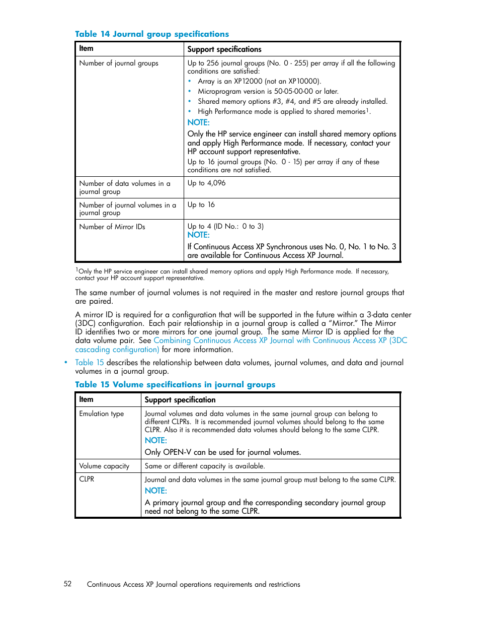 Journal group specifications, Volume specifications in journal groups | HP XP Continuous Access Software User Manual | Page 52 / 234