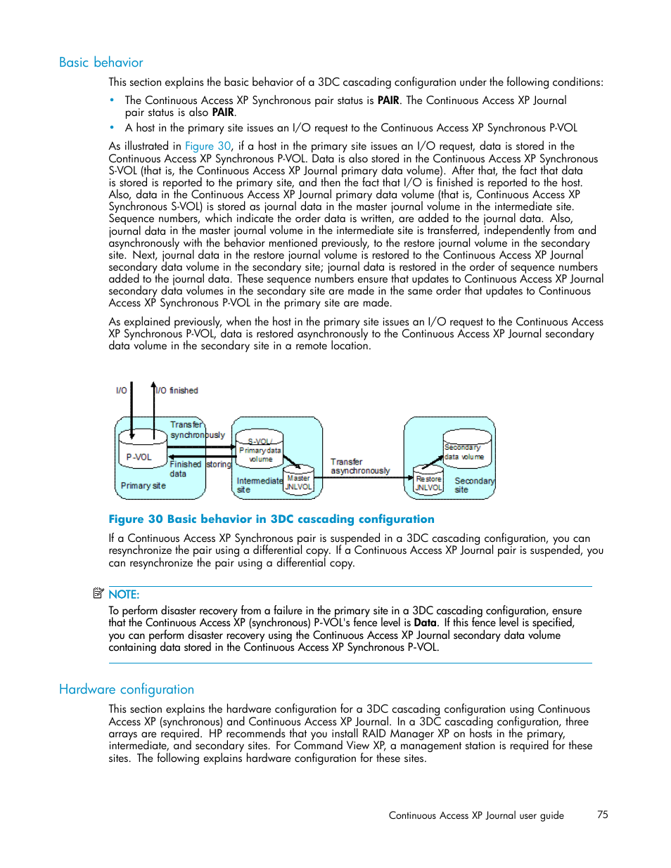 Basic behavior, Hardware configuration, Basic behavior in 3dc cascading configuration | HP XP Continuous Access Software User Manual | Page 75 / 234