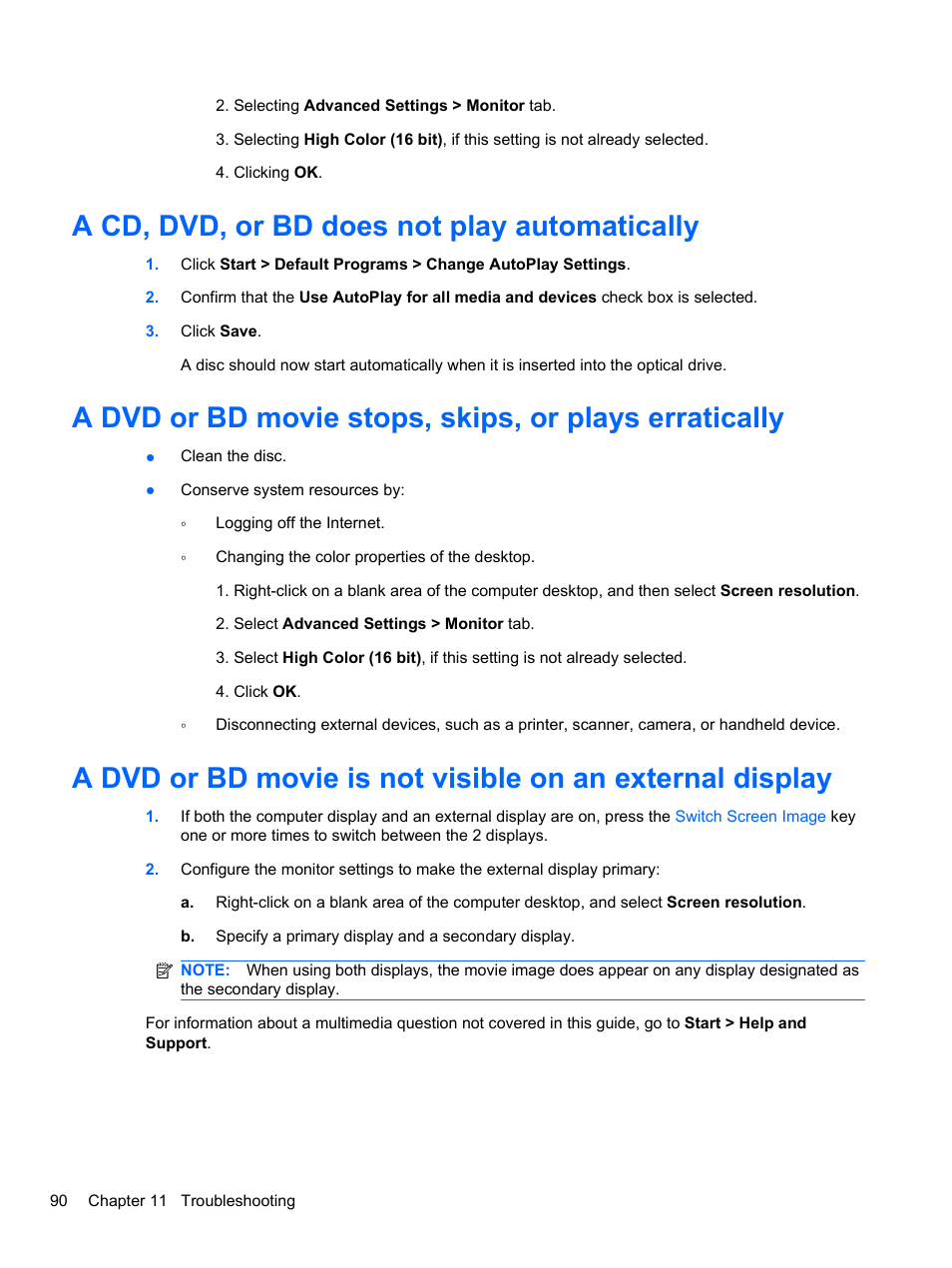 A cd, dvd, or bd does not play automatically | HP Pavilion dv7-4297cl Entertainment Notebook PC User Manual | Page 100 / 121