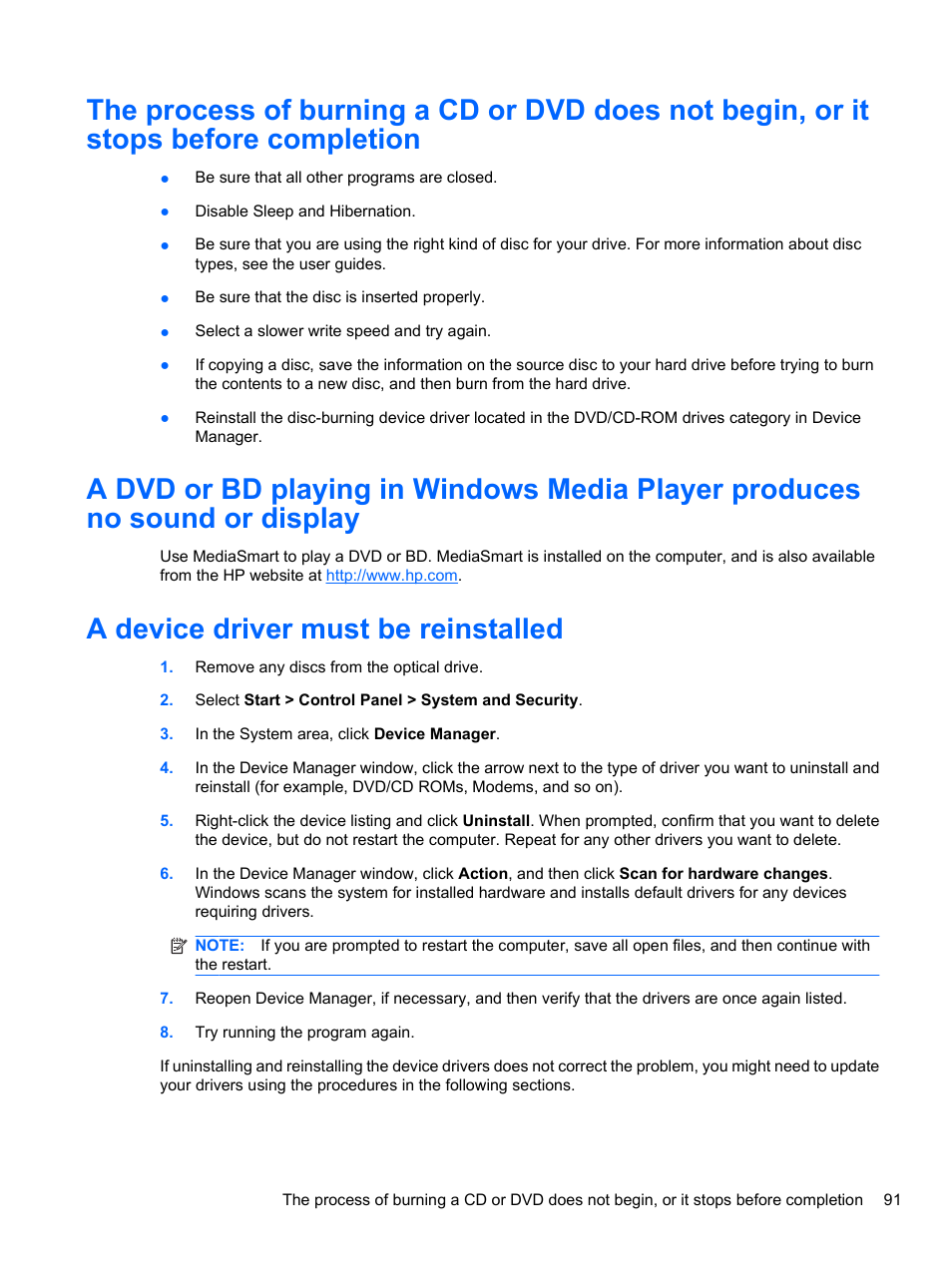 A device driver must be reinstalled | HP Pavilion dv7-4297cl Entertainment Notebook PC User Manual | Page 101 / 121