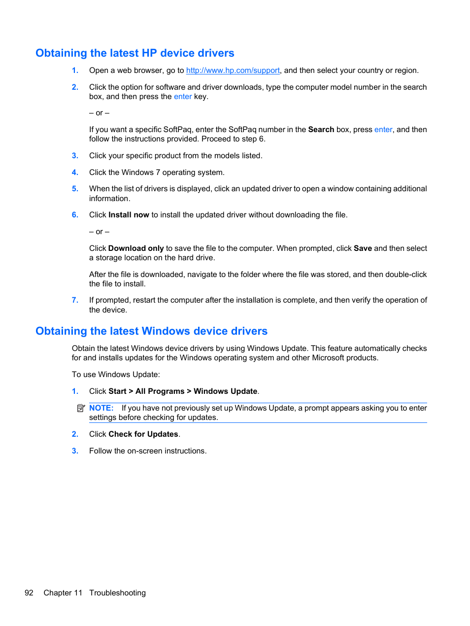 Obtaining the latest hp device drivers, Obtaining the latest windows device drivers | HP Pavilion dv7-4297cl Entertainment Notebook PC User Manual | Page 102 / 121