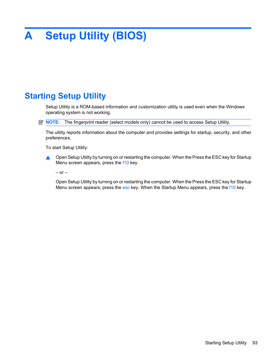 Setup utility (bios), Starting setup utility, Appendix a setup utility (bios) | Asetup utility (bios) | HP Pavilion dv7-4297cl Entertainment Notebook PC User Manual | Page 103 / 121