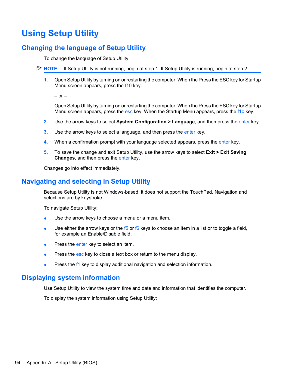Using setup utility, Changing the language of setup utility, Navigating and selecting in setup utility | Displaying system information | HP Pavilion dv7-4297cl Entertainment Notebook PC User Manual | Page 104 / 121