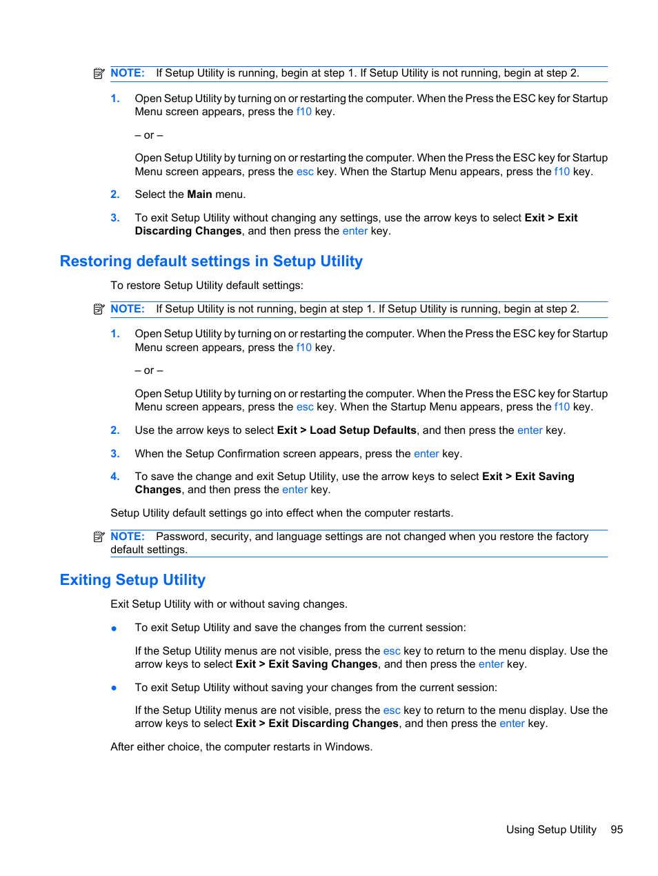 Restoring default settings in setup utility, Exiting setup utility | HP Pavilion dv7-4297cl Entertainment Notebook PC User Manual | Page 105 / 121