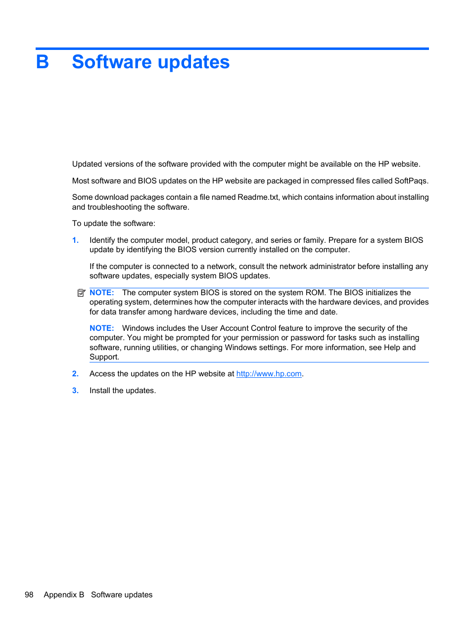 Software updates, Appendix b software updates, Bsoftware updates | HP Pavilion dv7-4297cl Entertainment Notebook PC User Manual | Page 108 / 121