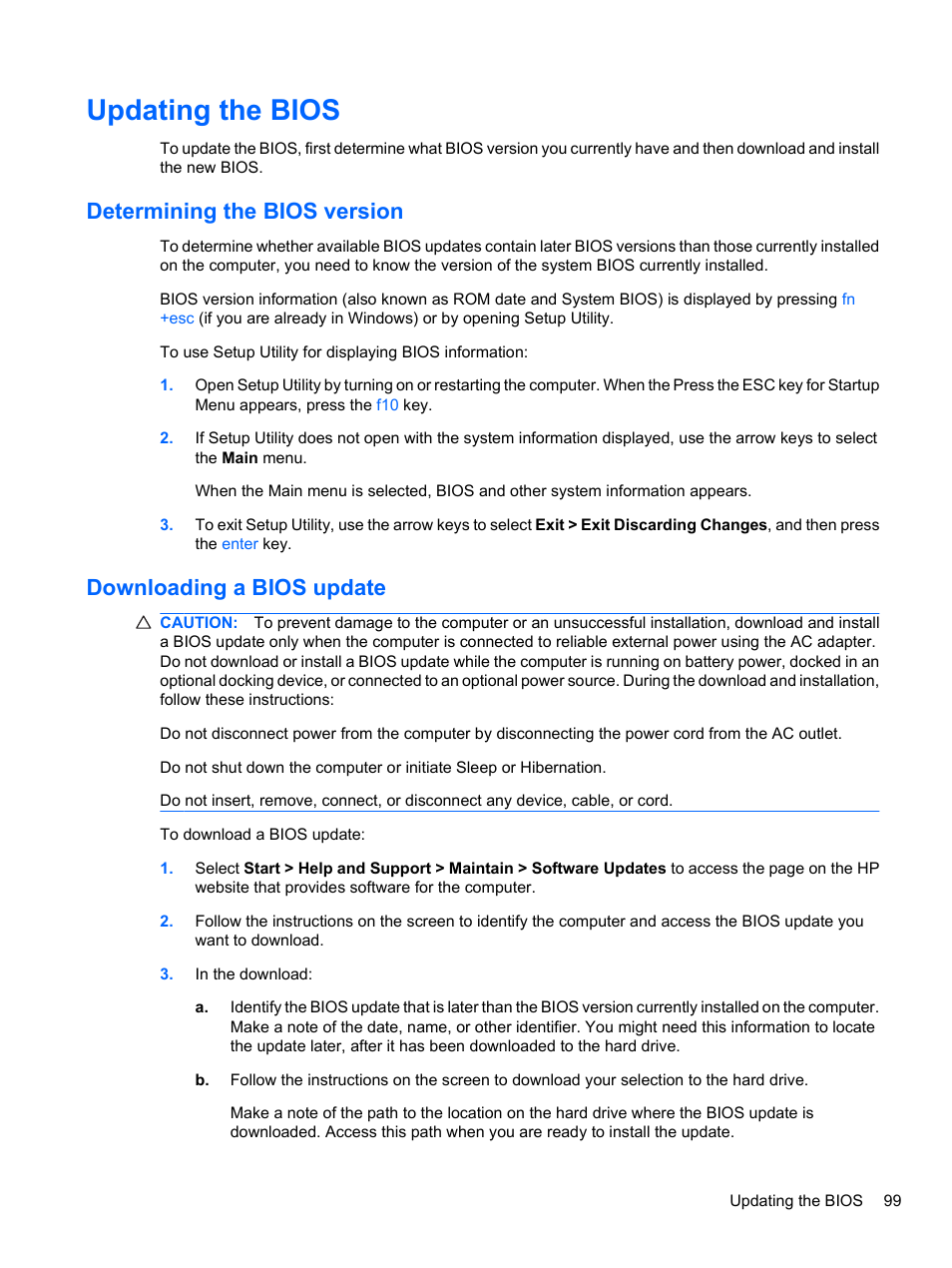 Updating the bios, Determining the bios version, Downloading a bios update | HP Pavilion dv7-4297cl Entertainment Notebook PC User Manual | Page 109 / 121