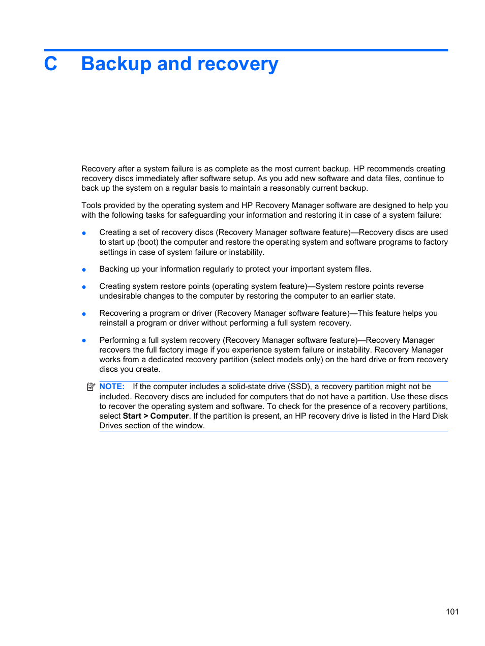 Backup and recovery, Appendix c backup and recovery, Cbackup and recovery | HP Pavilion dv7-4297cl Entertainment Notebook PC User Manual | Page 111 / 121