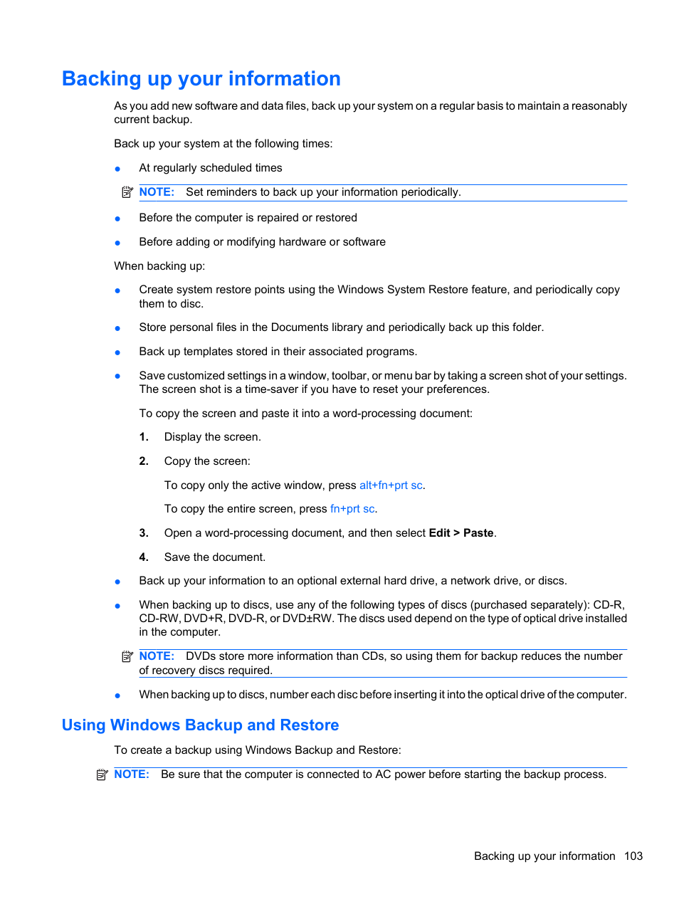 Backing up your information, Using windows backup and restore | HP Pavilion dv7-4297cl Entertainment Notebook PC User Manual | Page 113 / 121