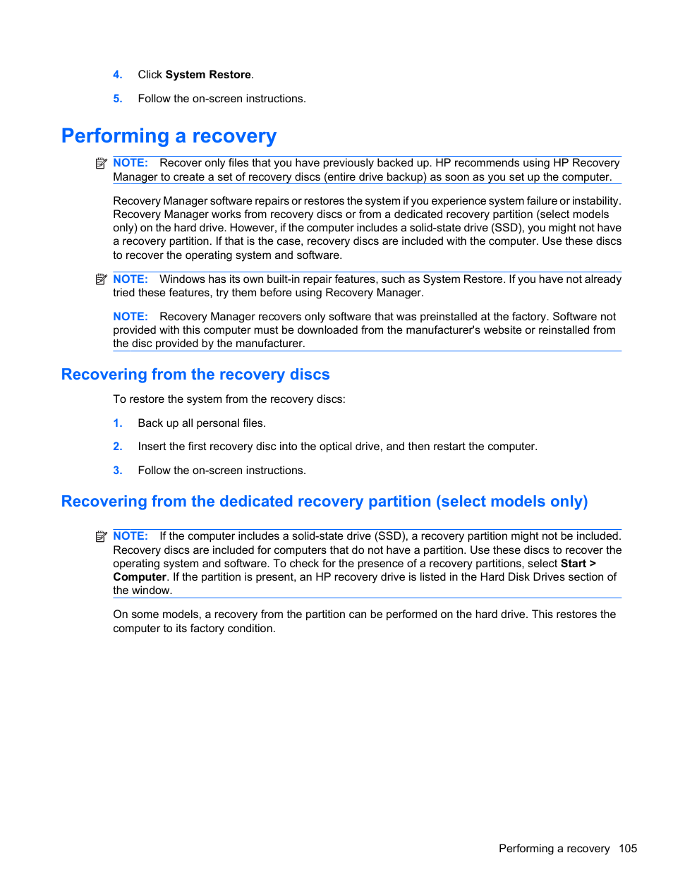 Performing a recovery, Recovering from the recovery discs | HP Pavilion dv7-4297cl Entertainment Notebook PC User Manual | Page 115 / 121