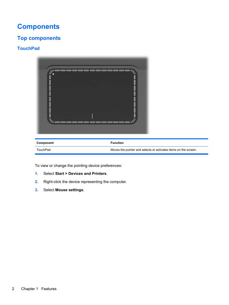 Components, Top components, Touchpad | HP Pavilion dv7-4297cl Entertainment Notebook PC User Manual | Page 12 / 121