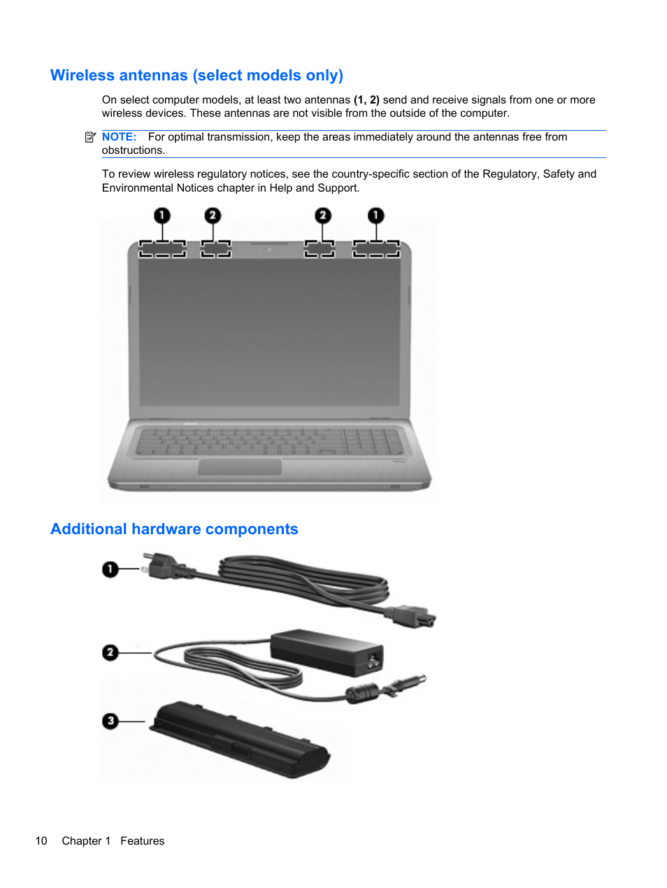 Wireless antennas (select models only), Additional hardware components | HP Pavilion dv7-4297cl Entertainment Notebook PC User Manual | Page 20 / 121