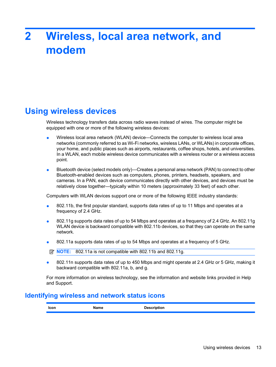 Wireless, local area network, and modem, Using wireless devices, Identifying wireless and network status icons | 2 wireless, local area network, and modem, 2wireless, local area network, and modem | HP Pavilion dv7-4297cl Entertainment Notebook PC User Manual | Page 23 / 121