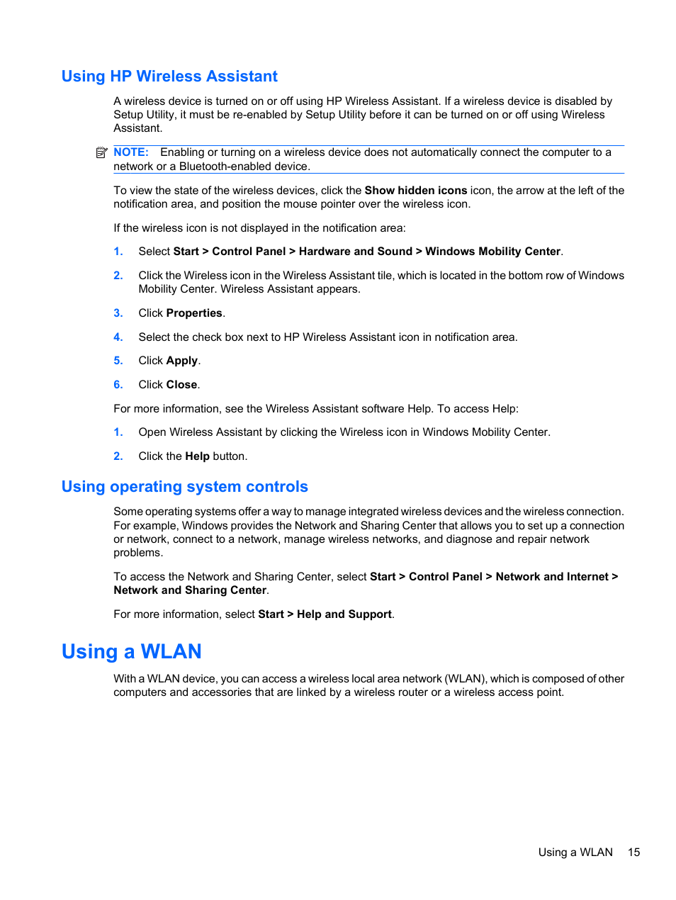 Using hp wireless assistant, Using operating system controls, Using a wlan | HP Pavilion dv7-4297cl Entertainment Notebook PC User Manual | Page 25 / 121