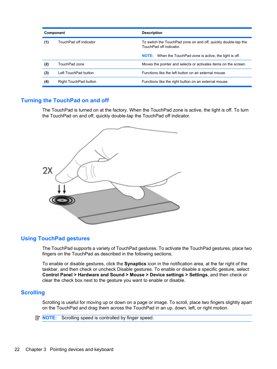 Turning the touchpad on and off, Using touchpad gestures, Scrolling | HP Pavilion dv7-4297cl Entertainment Notebook PC User Manual | Page 32 / 121