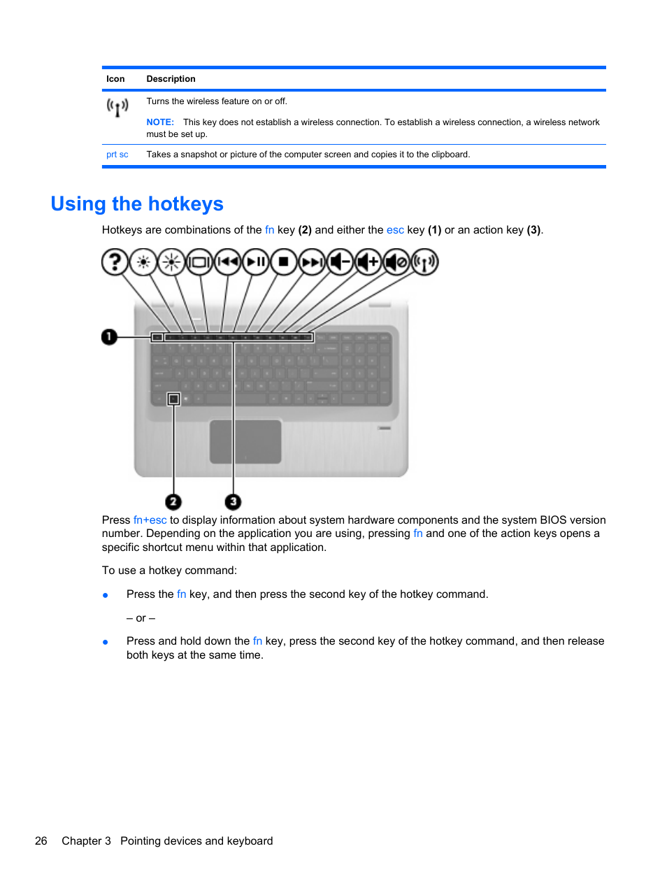 Using the hotkeys | HP Pavilion dv7-4297cl Entertainment Notebook PC User Manual | Page 36 / 121