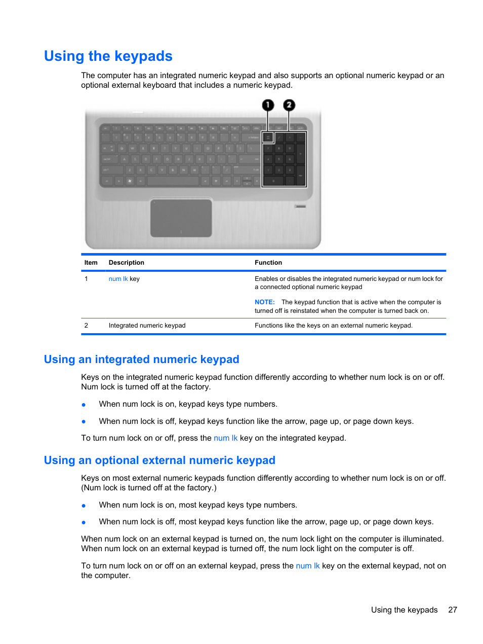 Using the keypads, Using an integrated numeric keypad, Using an optional external numeric keypad | HP Pavilion dv7-4297cl Entertainment Notebook PC User Manual | Page 37 / 121