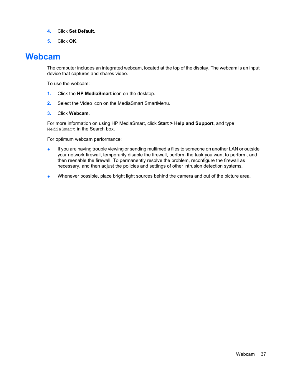 Webcam | HP Pavilion dv7-4297cl Entertainment Notebook PC User Manual | Page 47 / 121