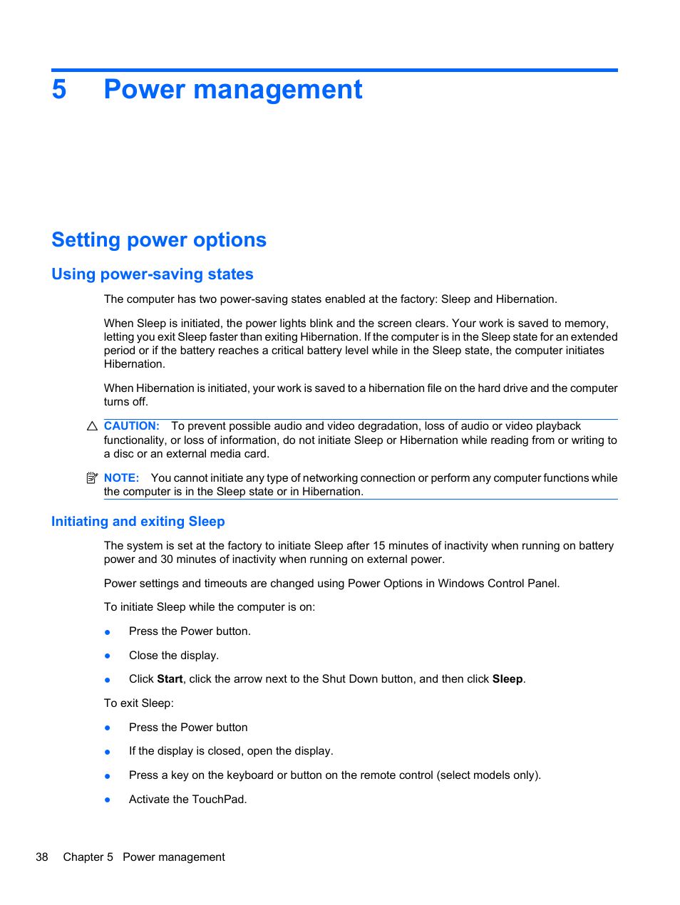 Power management, Setting power options, Using power-saving states | Initiating and exiting sleep, 5 power management, 5power management | HP Pavilion dv7-4297cl Entertainment Notebook PC User Manual | Page 48 / 121