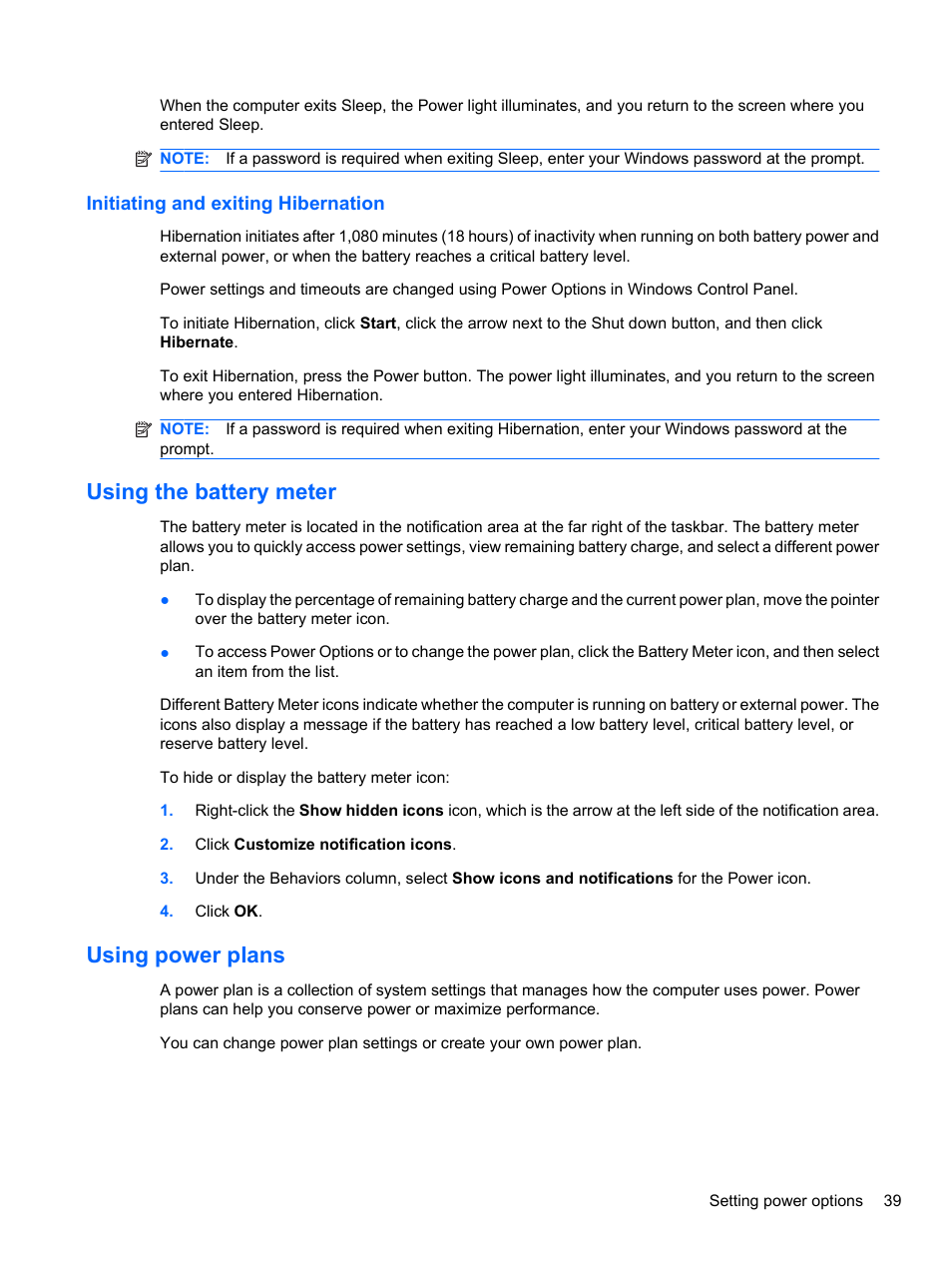 Initiating and exiting hibernation, Using the battery meter, Using power plans | Using the battery meter using power plans | HP Pavilion dv7-4297cl Entertainment Notebook PC User Manual | Page 49 / 121