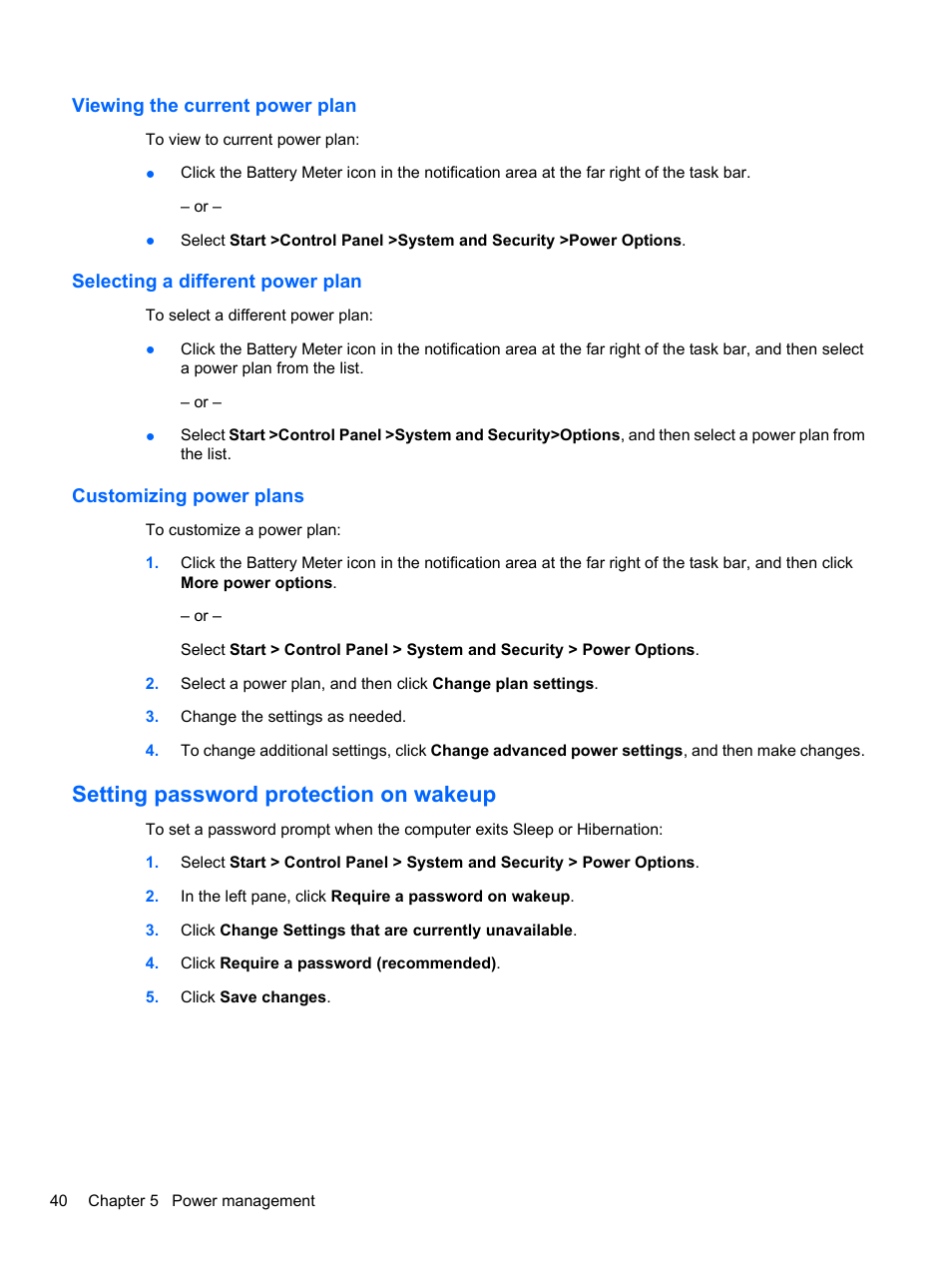 Viewing the current power plan, Selecting a different power plan, Customizing power plans | Setting password protection on wakeup | HP Pavilion dv7-4297cl Entertainment Notebook PC User Manual | Page 50 / 121