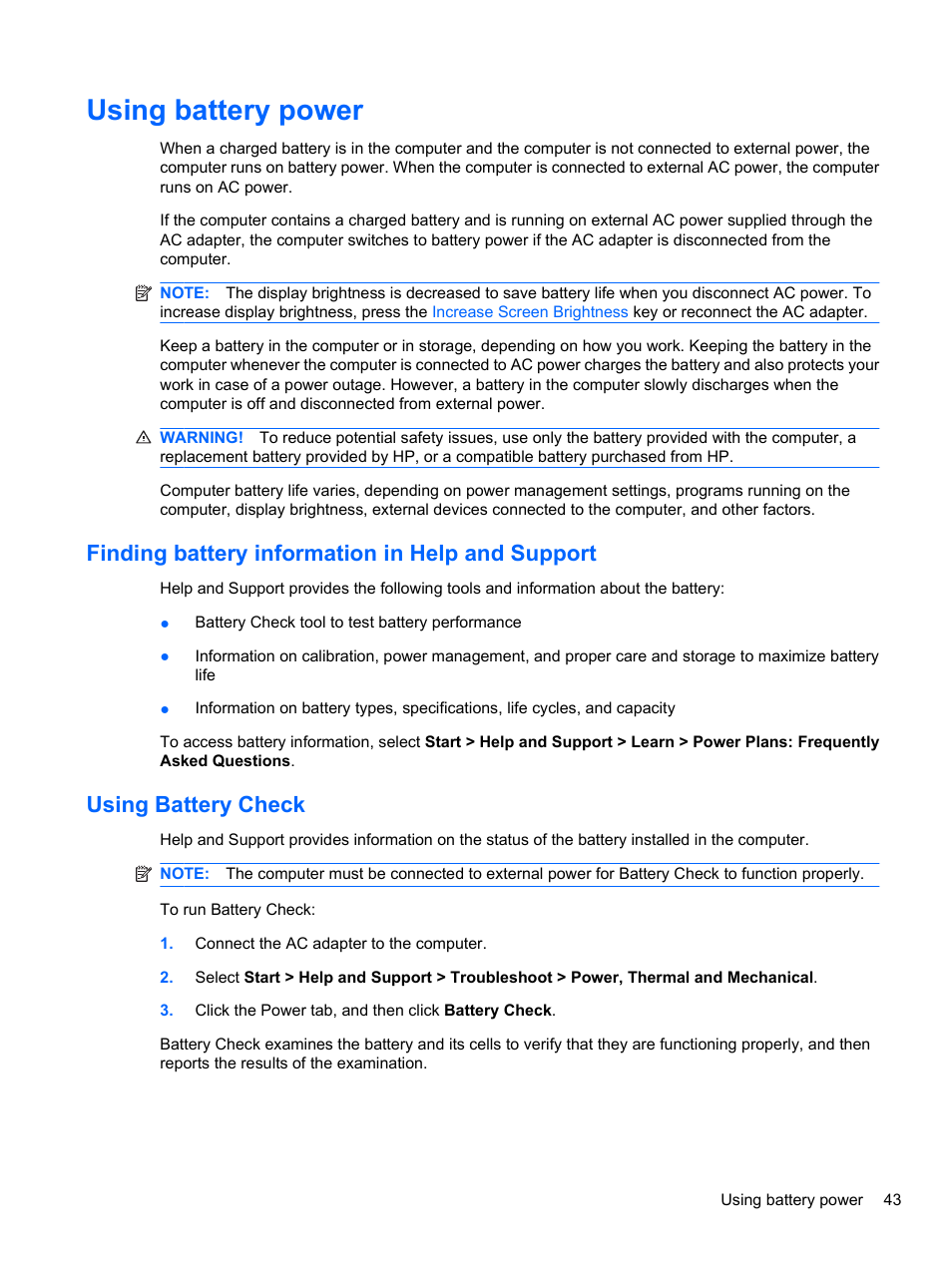 Using battery power, Finding battery information in help and support, Using battery check | HP Pavilion dv7-4297cl Entertainment Notebook PC User Manual | Page 53 / 121