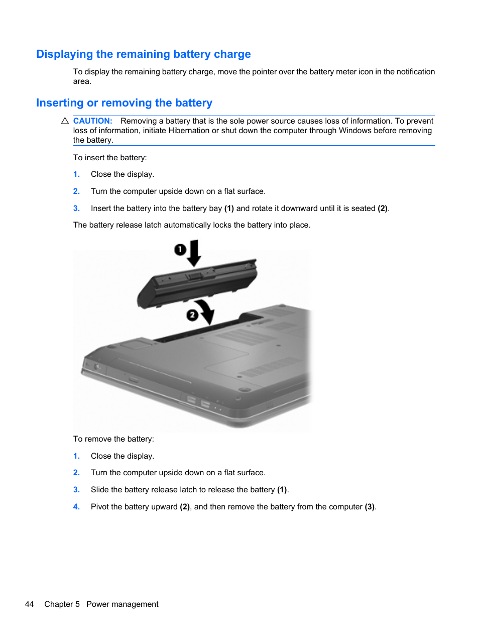 Displaying the remaining battery charge, Inserting or removing the battery | HP Pavilion dv7-4297cl Entertainment Notebook PC User Manual | Page 54 / 121