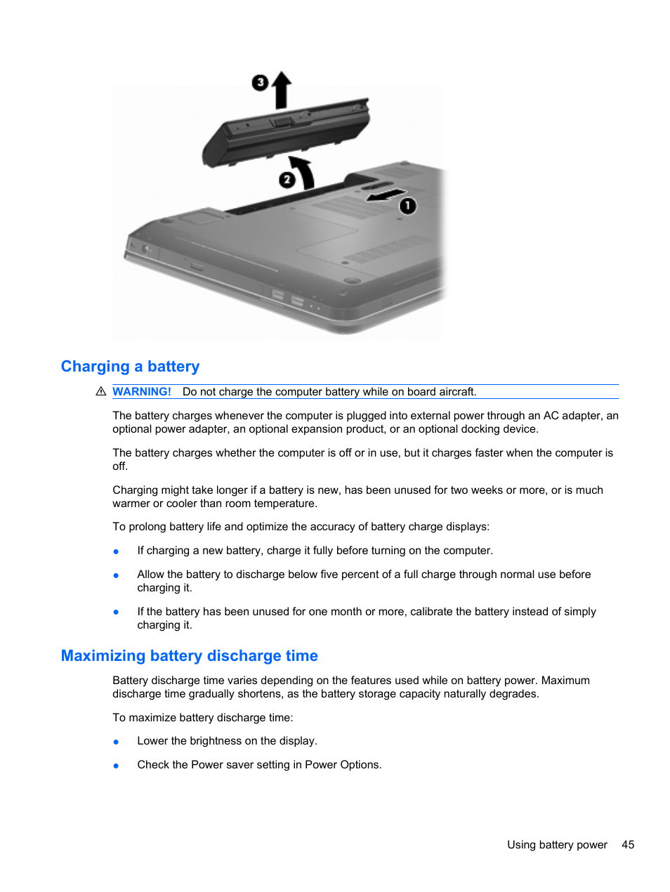 Charging a battery, Maximizing battery discharge time | HP Pavilion dv7-4297cl Entertainment Notebook PC User Manual | Page 55 / 121