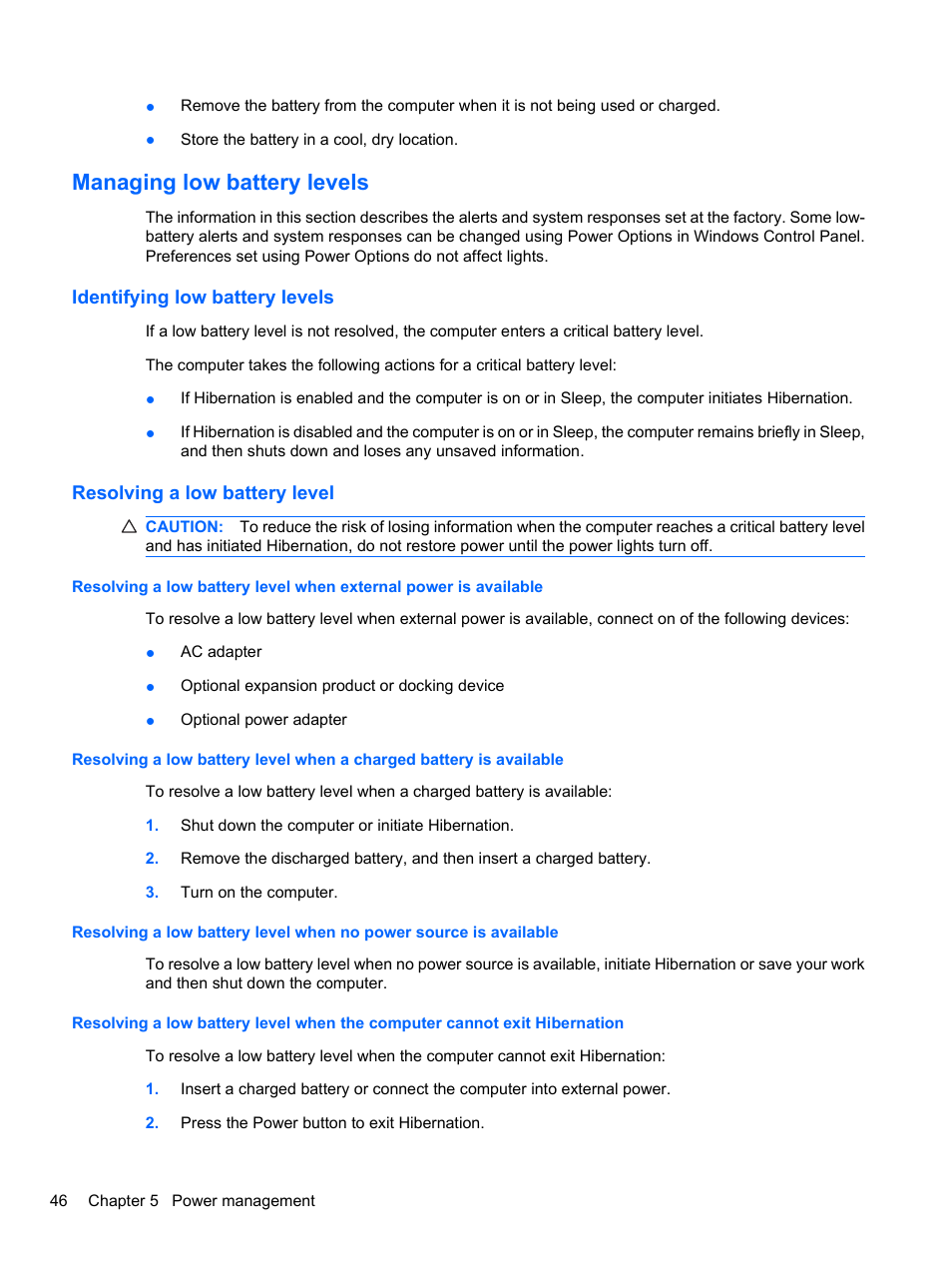 Managing low battery levels, Identifying low battery levels, Resolving a low battery level | HP Pavilion dv7-4297cl Entertainment Notebook PC User Manual | Page 56 / 121