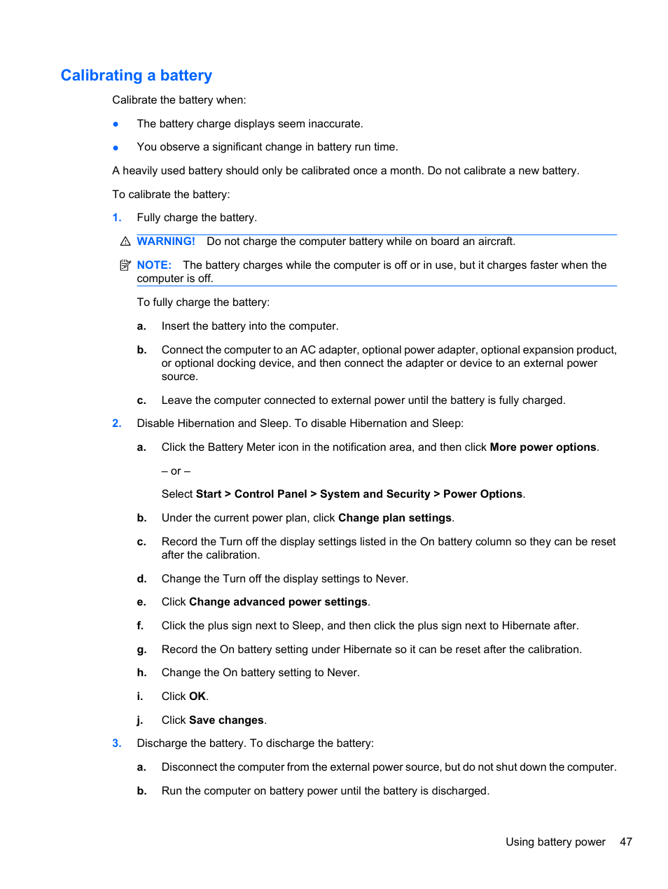 Calibrating a battery | HP Pavilion dv7-4297cl Entertainment Notebook PC User Manual | Page 57 / 121