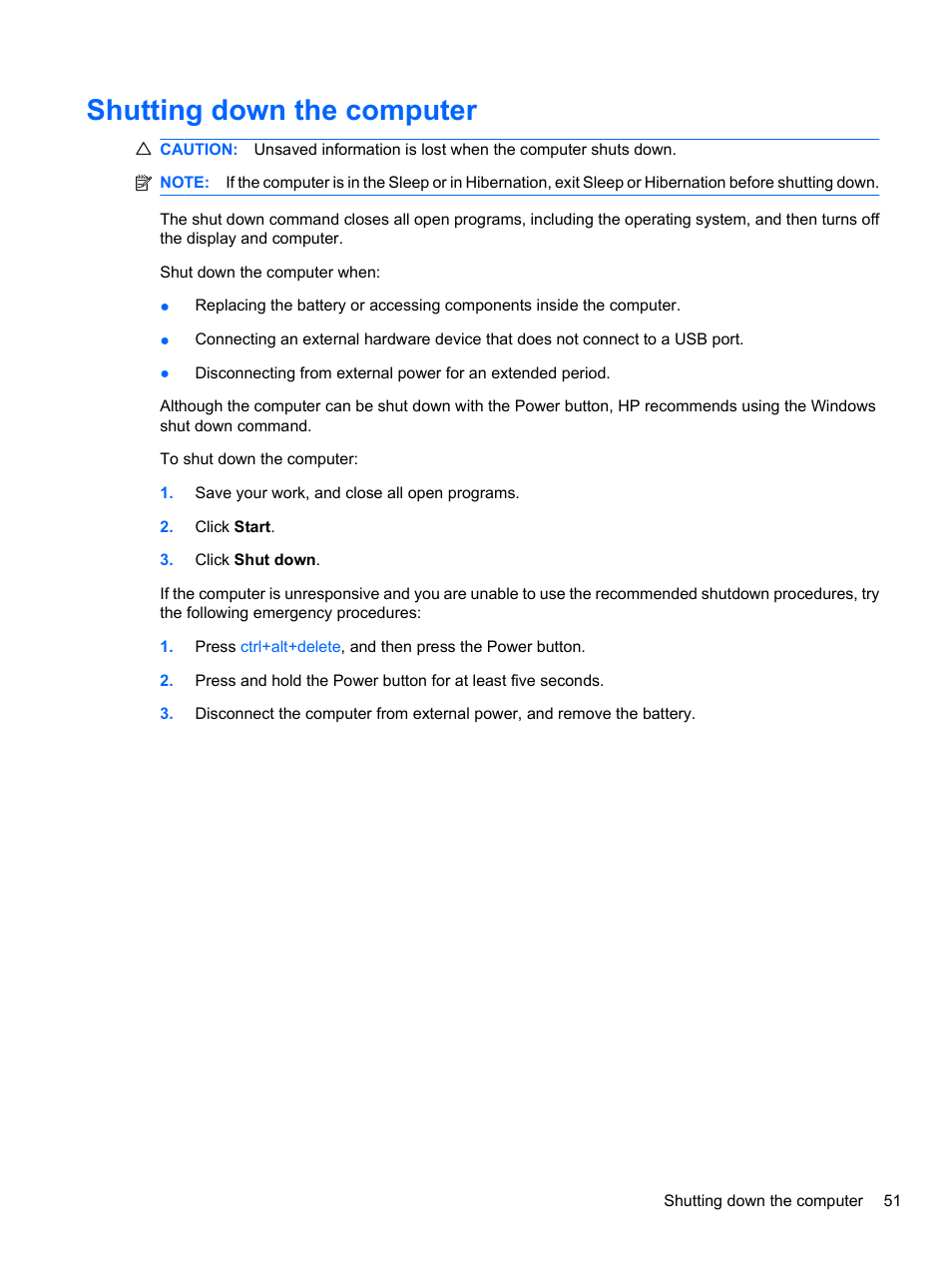 Shutting down the computer | HP Pavilion dv7-4297cl Entertainment Notebook PC User Manual | Page 61 / 121