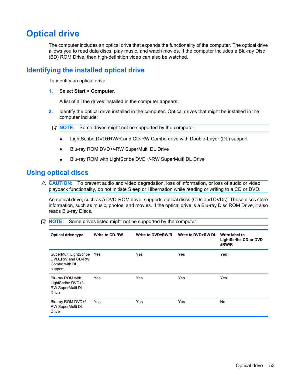 Optical drive, Identifying the installed optical drive, Using optical discs | HP Pavilion dv7-4297cl Entertainment Notebook PC User Manual | Page 63 / 121