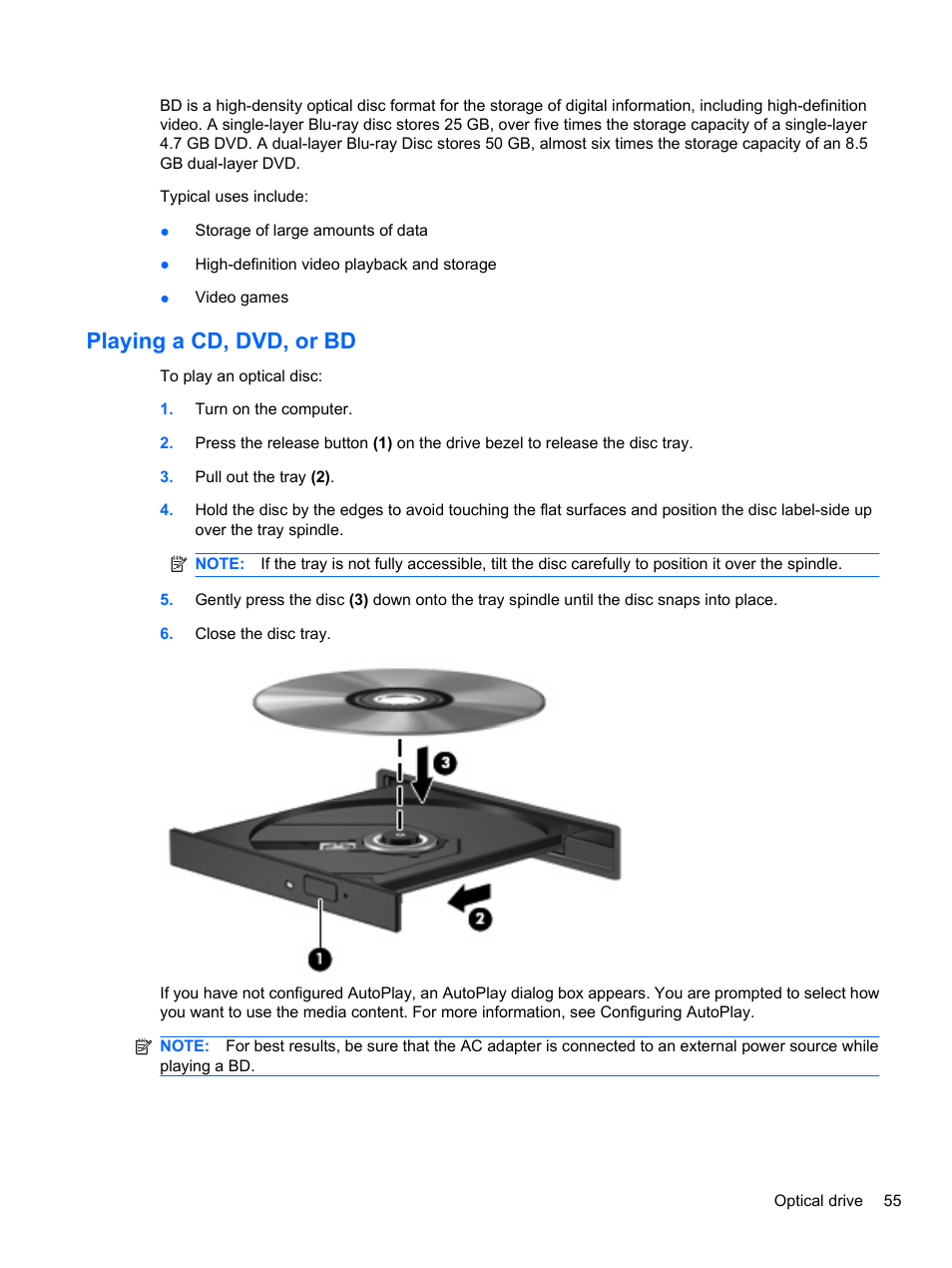 Playing a cd, dvd, or bd | HP Pavilion dv7-4297cl Entertainment Notebook PC User Manual | Page 65 / 121