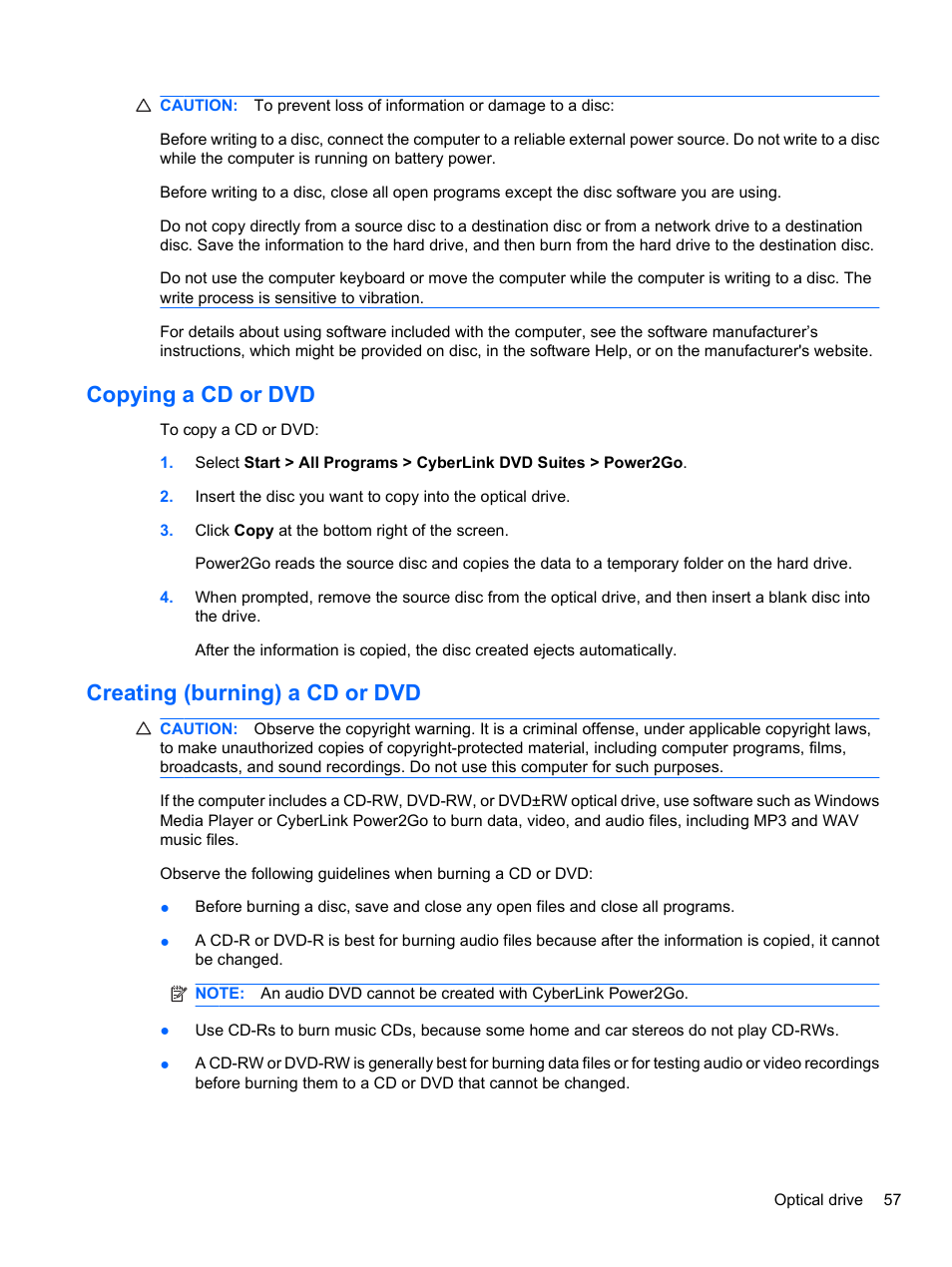 Copying a cd or dvd, Creating (burning) a cd or dvd, Copying a cd or dvd creating (burning) a cd or dvd | HP Pavilion dv7-4297cl Entertainment Notebook PC User Manual | Page 67 / 121