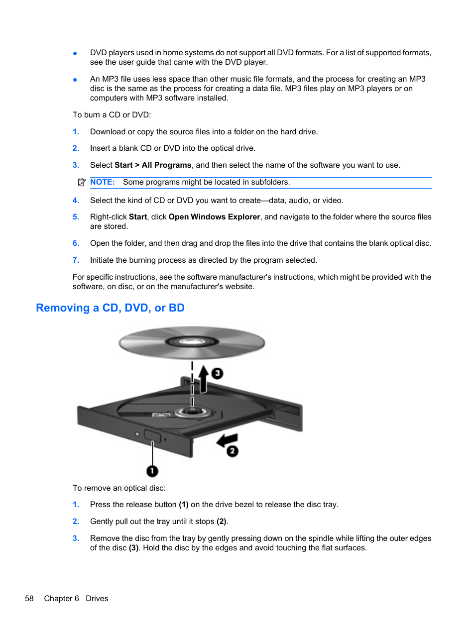 Removing a cd, dvd, or bd | HP Pavilion dv7-4297cl Entertainment Notebook PC User Manual | Page 68 / 121