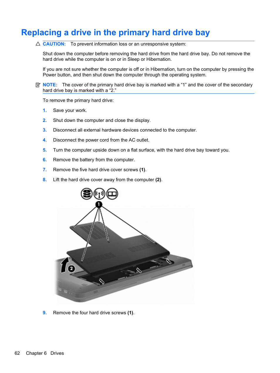 Replacing a drive in the primary hard drive bay | HP Pavilion dv7-4297cl Entertainment Notebook PC User Manual | Page 72 / 121