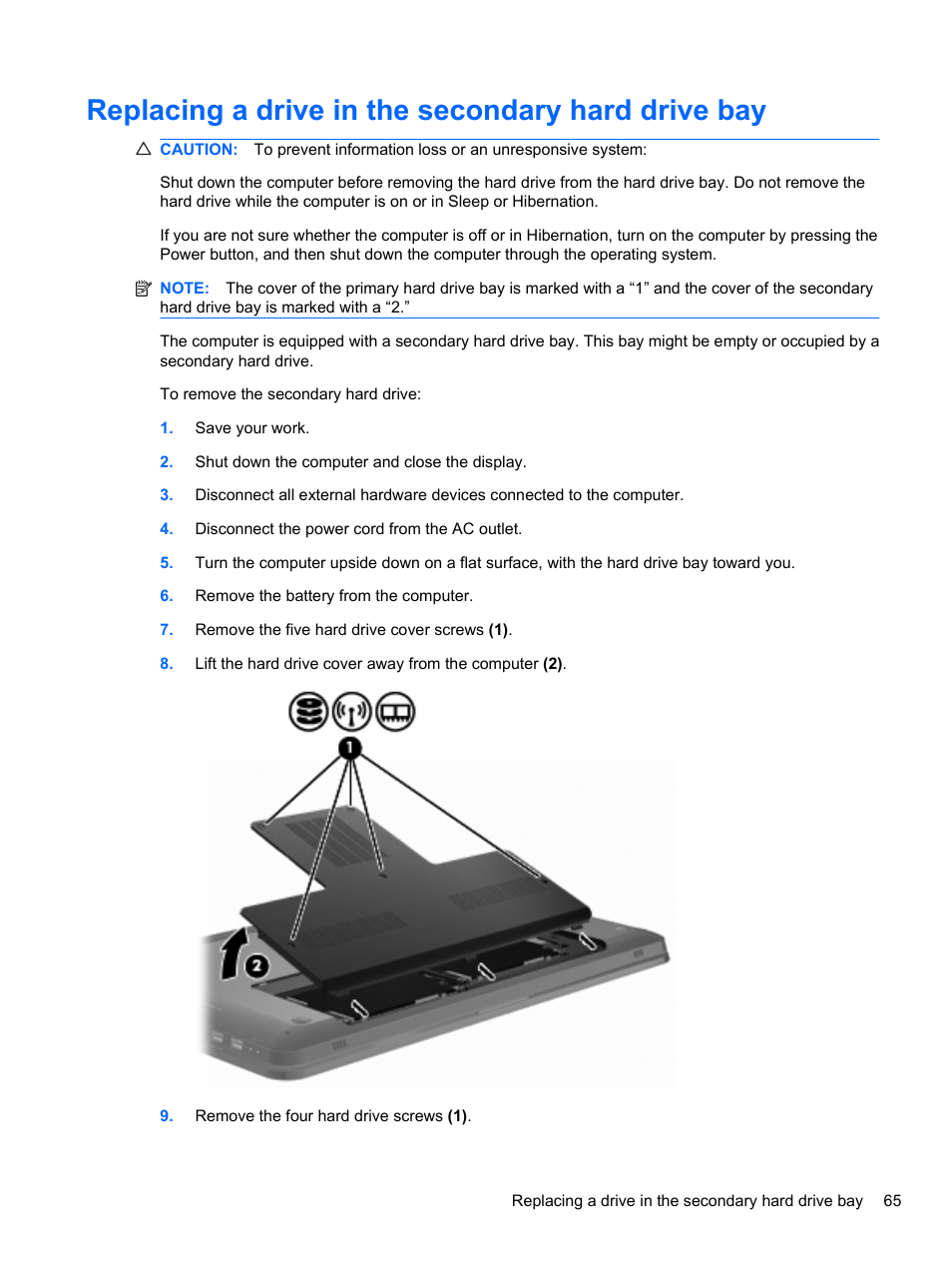 Replacing a drive in the secondary hard drive bay | HP Pavilion dv7-4297cl Entertainment Notebook PC User Manual | Page 75 / 121